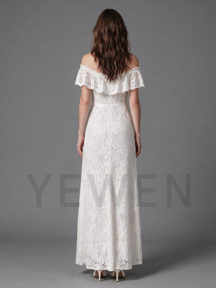 Ivory Off-Shoulder Ruffle Lace Wedding Dress with High Slit Skirt