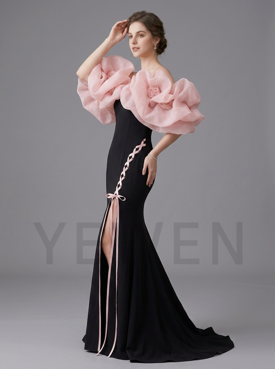 Black Mermaid Photoshoot Gown with Pink Corset Lace Up Leg Slit Size YD260808