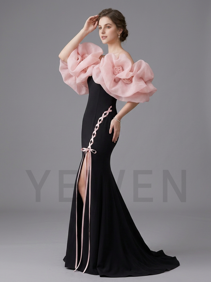 Black Mermaid Photoshoot Gown with Pink Corset Lace Up Leg Slit Size YD260808
