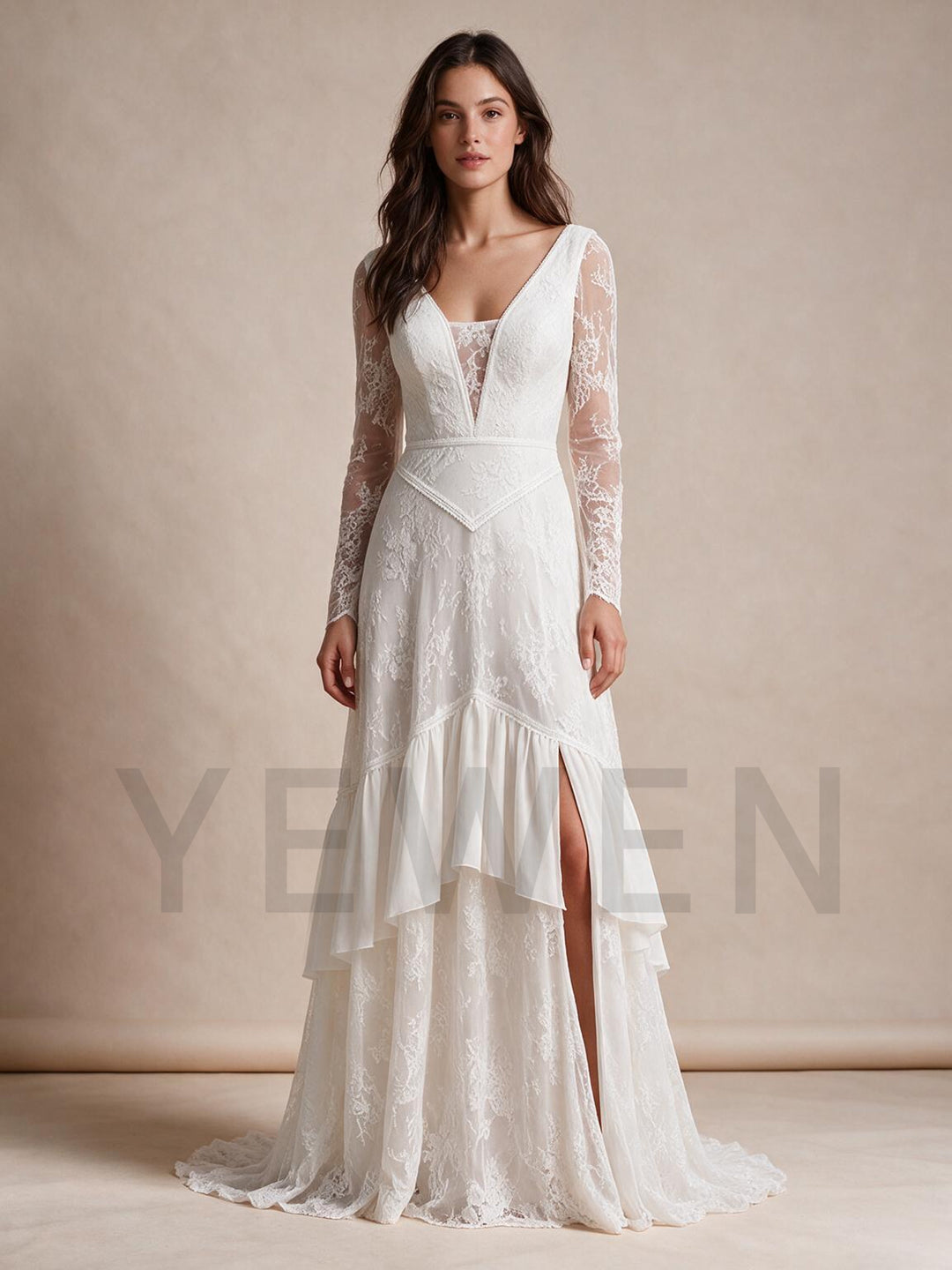 Ivory V-Neck Sheer Long Sleeves Lace Boho Wedding Dress