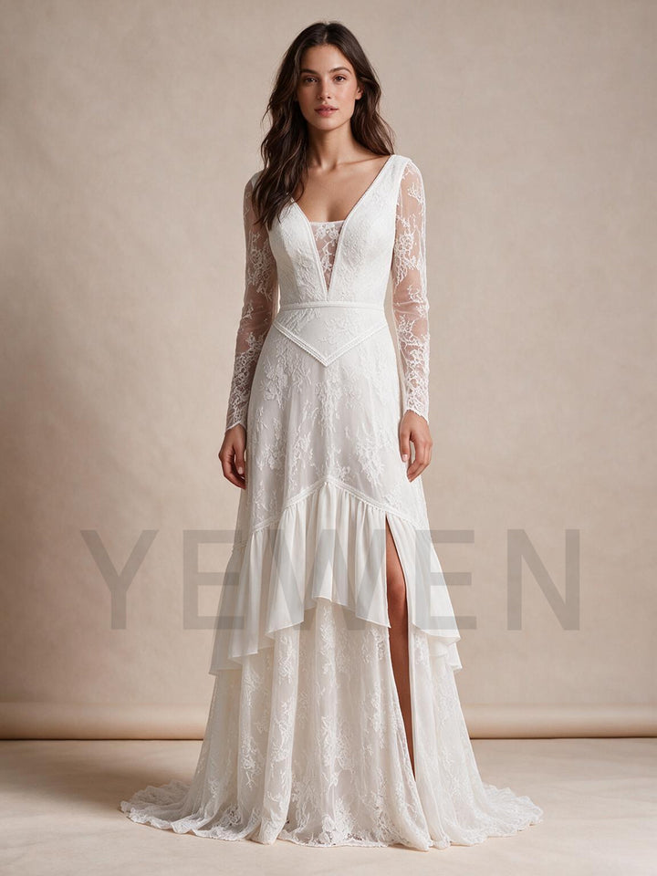 Ivory V-Neck Sheer Long Sleeves Lace Boho Wedding Dress