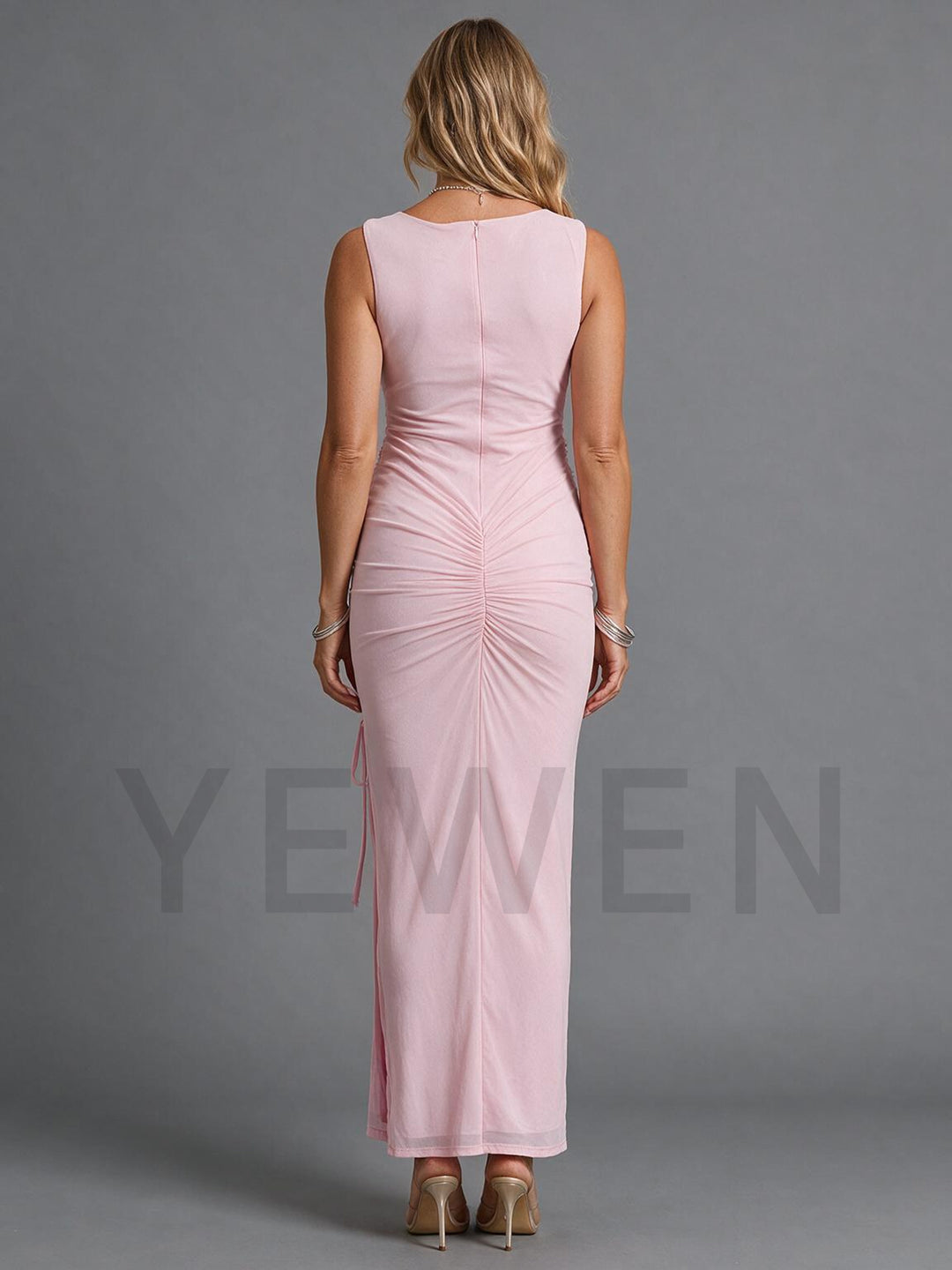 Sleeveless Ruched High Slit Maternity Dress for Baby Shower YM261004