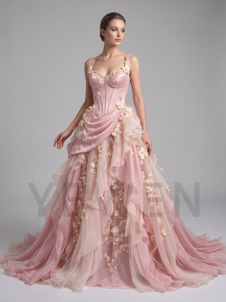 Romantic Pink Sweetheart Boned Corset 3D Floral Evening Gown YD260915