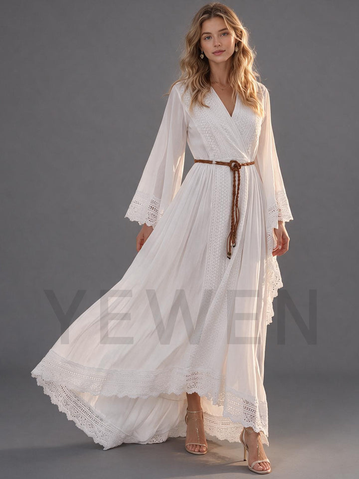 Ivory Wrap V-Neck Bell Sleeve Boho Wedding Dress with Lace Hem