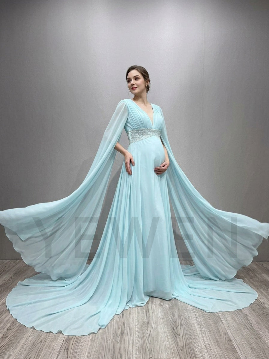 Blue Draped Chiffon Maternity Photoshoot Dress with long train YD260901