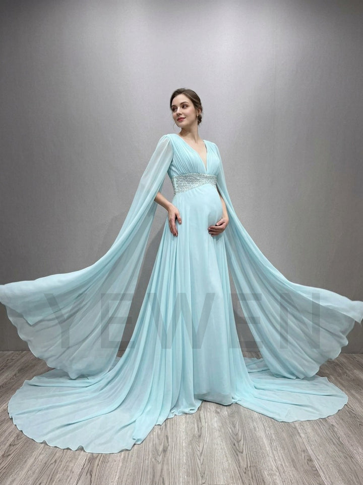 Blue Draped Chiffon Maternity Photoshoot Dress with long train YD260901