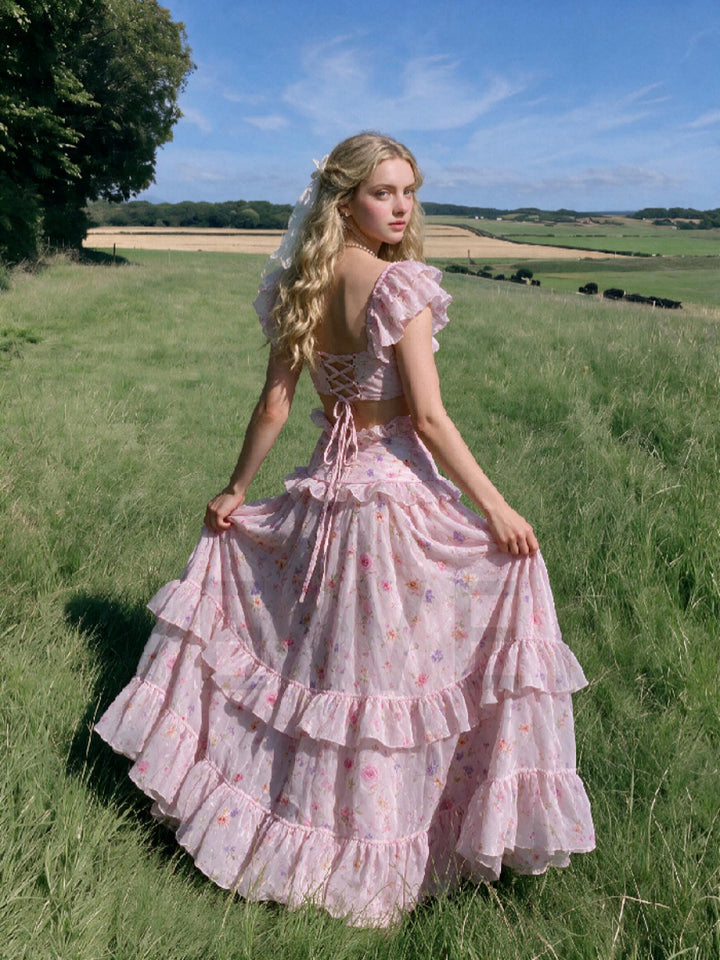 Pink Floral Two-Piece Princess Dress | Ruffled Crop Top & Tiered Long Skirt WT268008