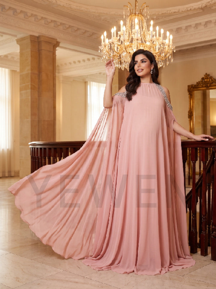 Mock Neck Rhinestone Cape Sleeve Maternity Baby Shower Dress YD261010