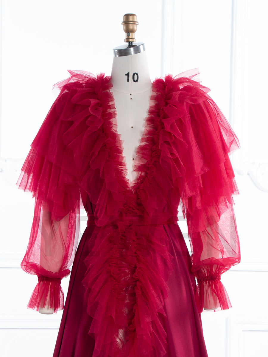 Deep Red Tulle Ruffle Gown for Photoshoots YW250073