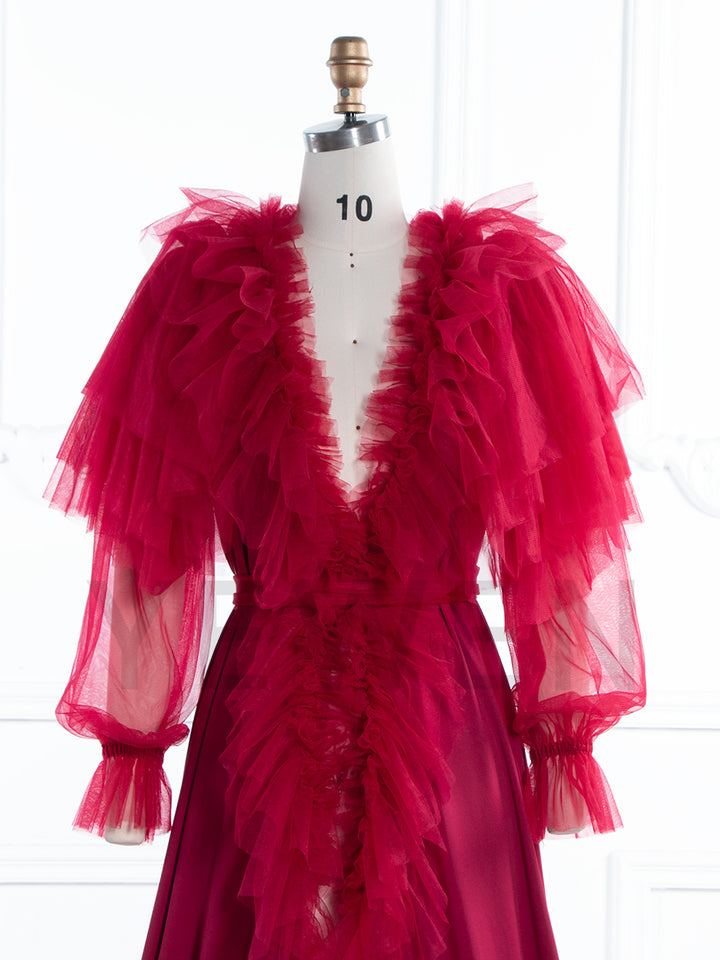 Deep Red Tulle Ruffle Gown for Photoshoots YW250073