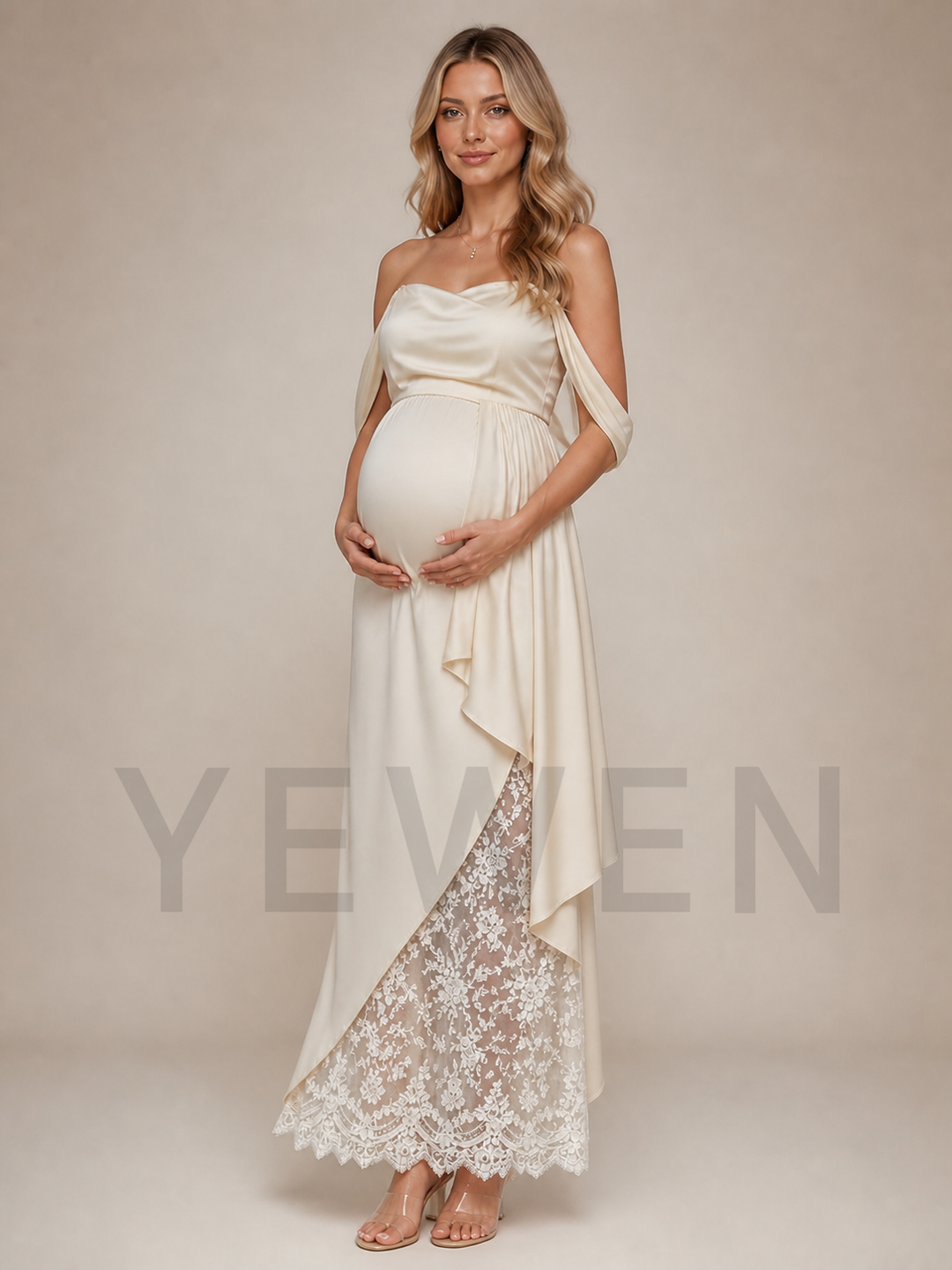 Ivory Satin Maternity Baby Shower Dress Off Shoulder Gown with Lace Hem ZX006