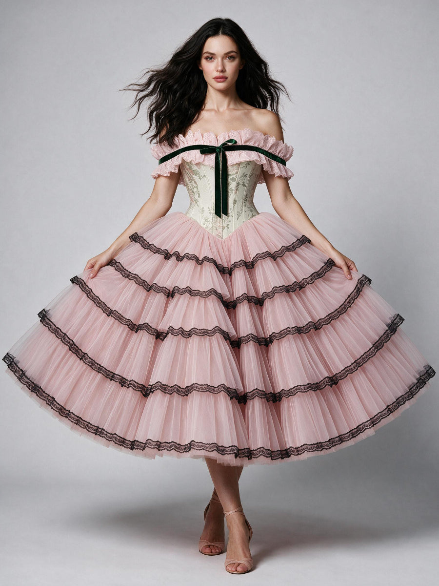 Pink Off-Shoulder Floral Princess Dress with Black Lace Trimmed Tiered Skirt WT268022