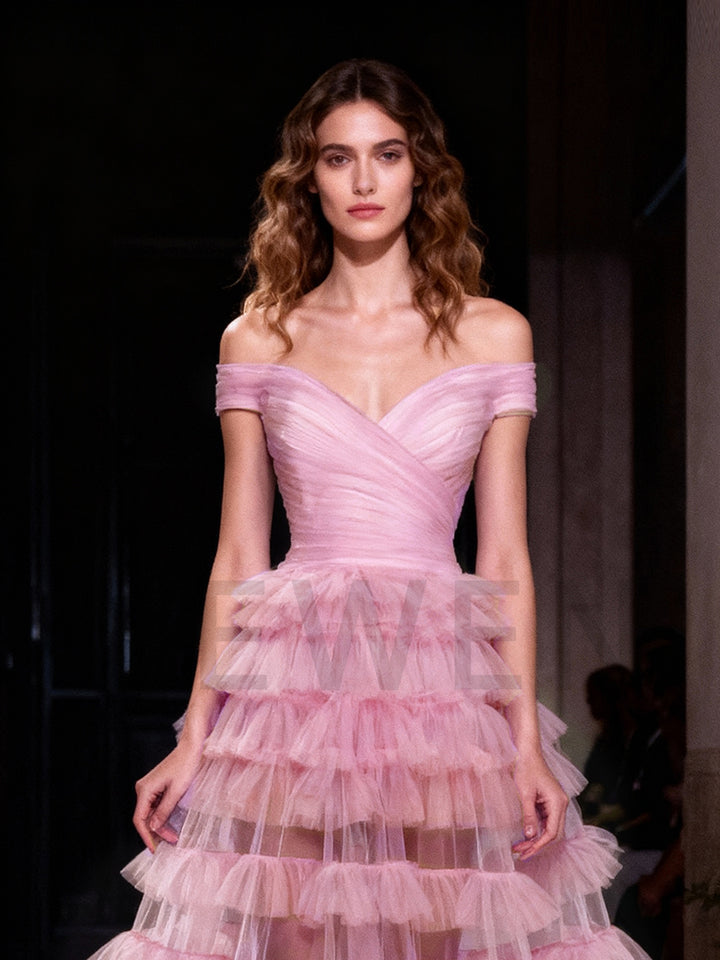 Layer Pink Prom Dress Off The Shoulder Long Evening Party Dresses F25159J