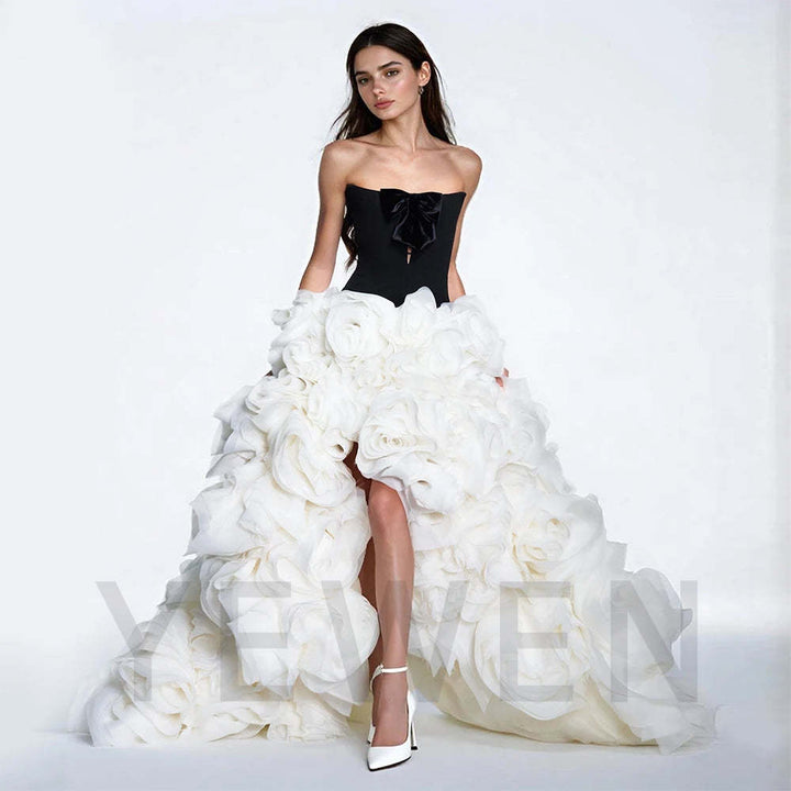 Black Strapless High Low Bow 3D Flower Photography Dress Custom Wedding Gown Formal Bridal Dress Elegant Photoshoot Outfit