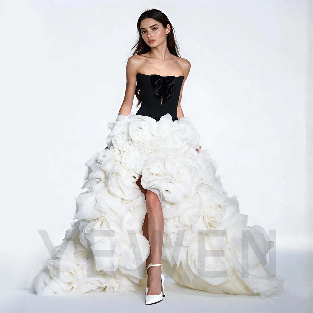 Black Strapless High Low Bow 3D Flower Photography Dress Custom Wedding Gown Formal Bridal Dress Elegant Photoshoot Outfit Black Strapless High Low Bow 3D Flower Photography Dress Custom Wedding Gown Formal Bridal Dress Elegant Photoshoot Outfit