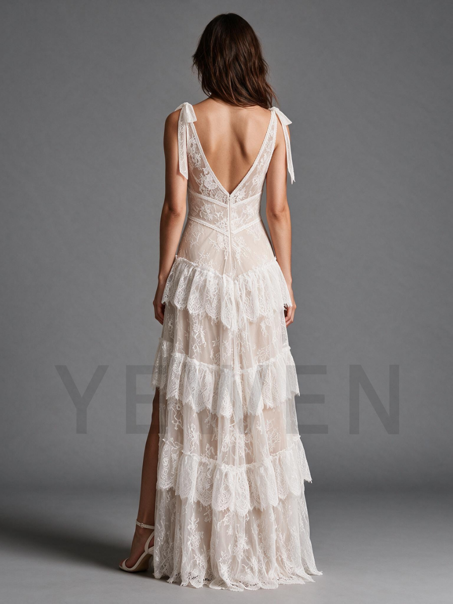 Ivory V-Neck Wedding Dress with Tie Shoulder Straps and High Slit Ruffle Skirt