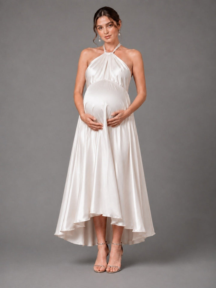 Ivory Halter High-Low Satin Maternity Baby Shower Dress L-26923