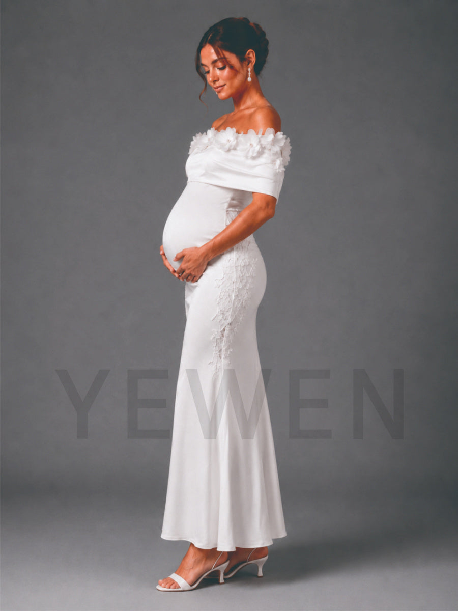 White Off-Shoulder 3D Floral Fitted Maternity Dress for Baby Shower L-26920