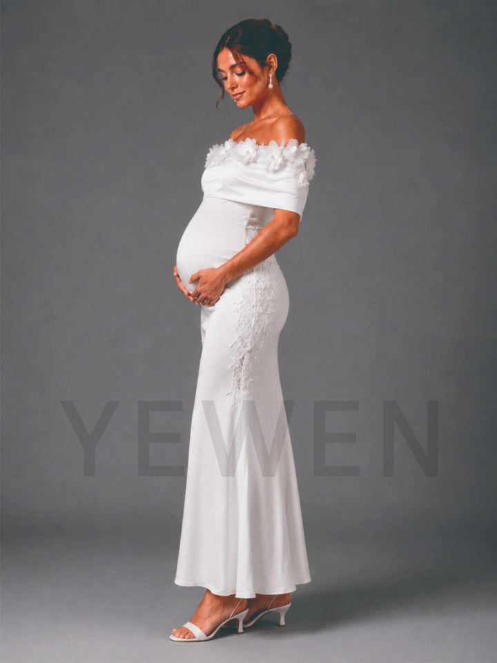White Off-Shoulder 3D Floral Fitted Maternity Dress for Baby Shower L-26920