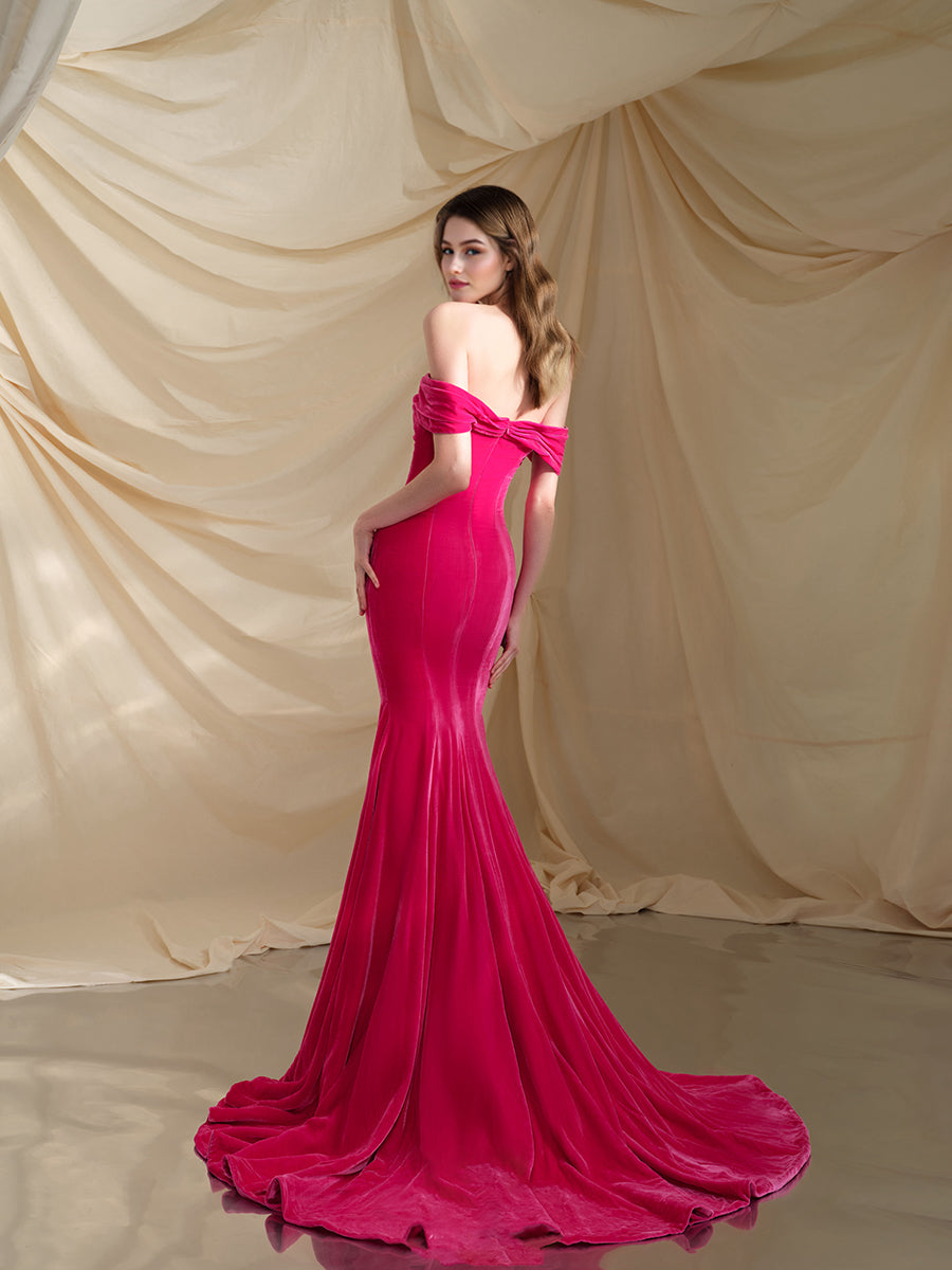 Hot Pink Velvet Off the Shoulder Mermaid Formal Dress Party Dress yewendress Hot Pink Velvet Off the Shoulder Mermaid Formal Dress Party Dress yewendress