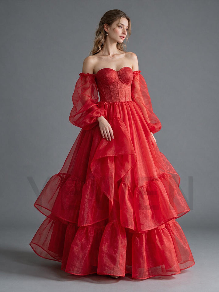 Strapless Puff Sleeves Tiered Ruffle Tulle Christmas Dress YW2610083