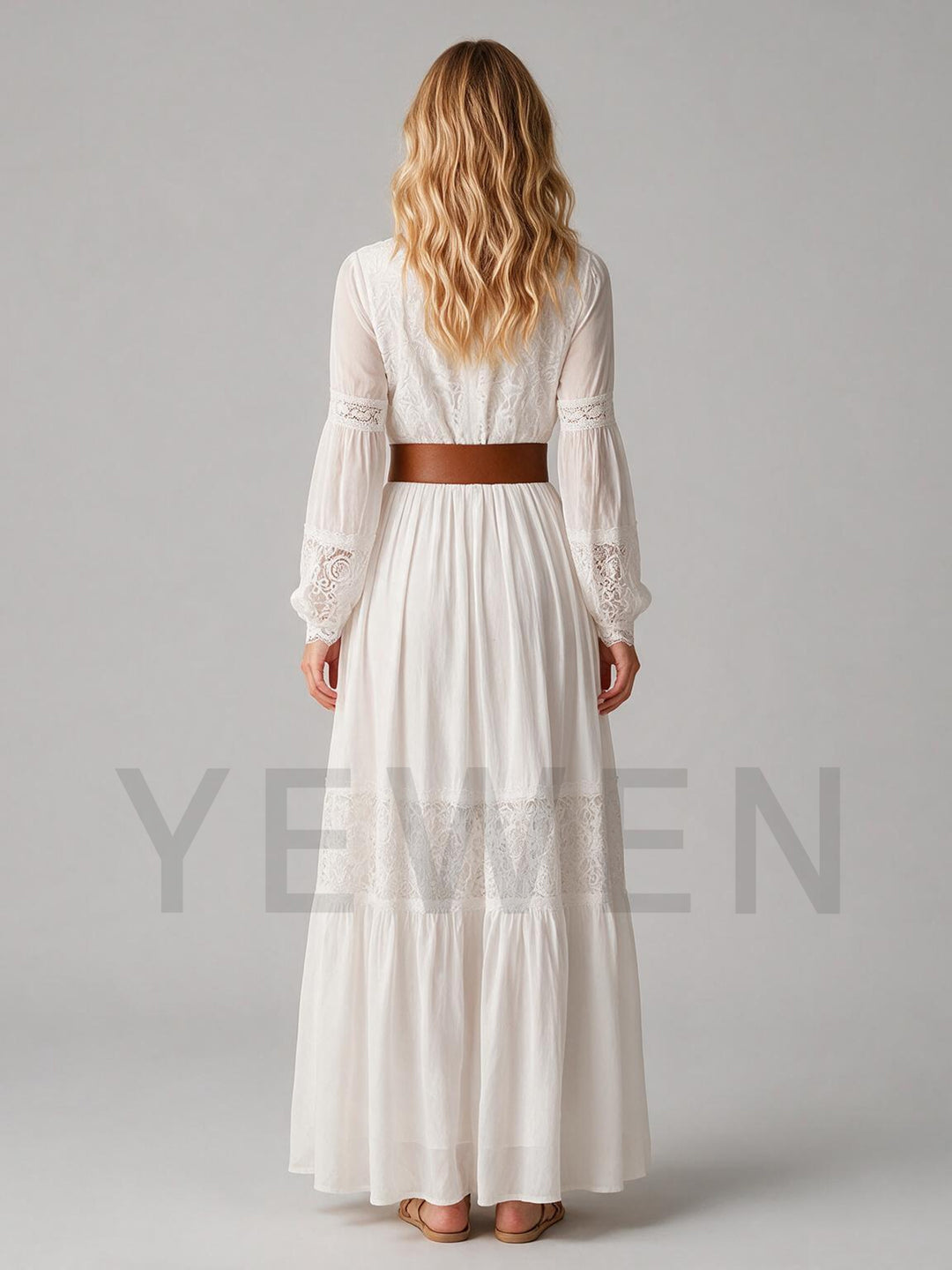 Ivory V-Neck Long Sleeve Boho Wedding Dress with Brown Belt