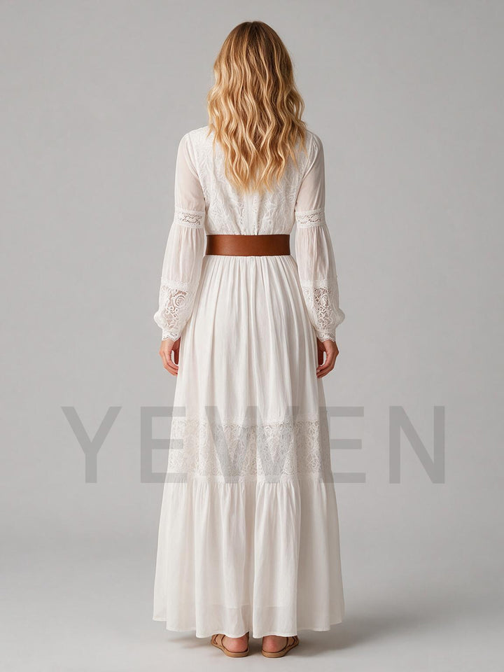 Ivory V-Neck Long Sleeve Boho Wedding Dress with Brown Belt