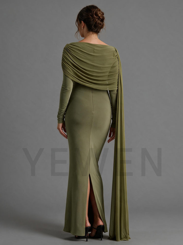 Olive Green Ruched Draped Maternity Baby Shower Gown with Long Cape