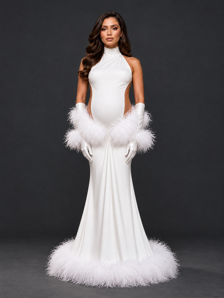 White High Halter Cutout Feather Maternity Photoshoot Gown HY269007