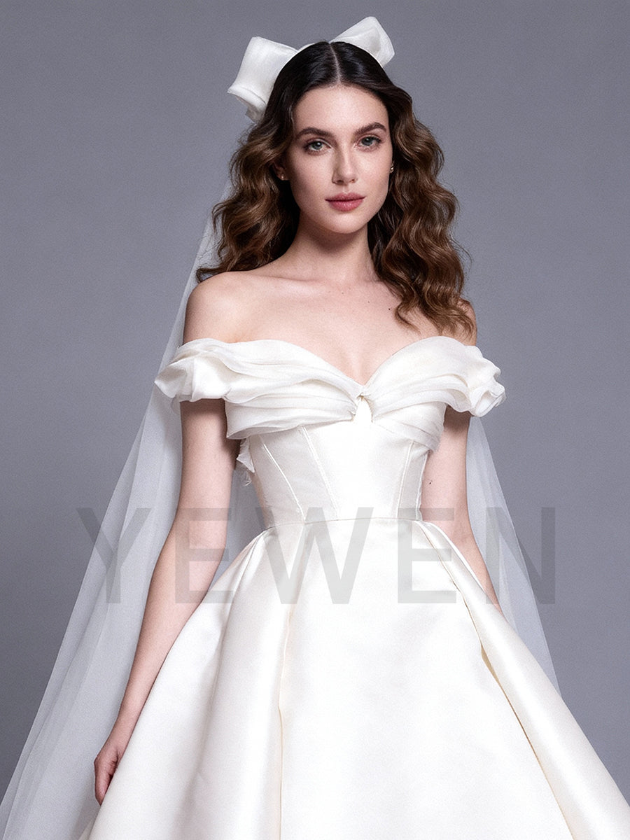 Elegant A Line Satin Wedding Dress Off Shoulder Sweep Train Bridal Gown 2026