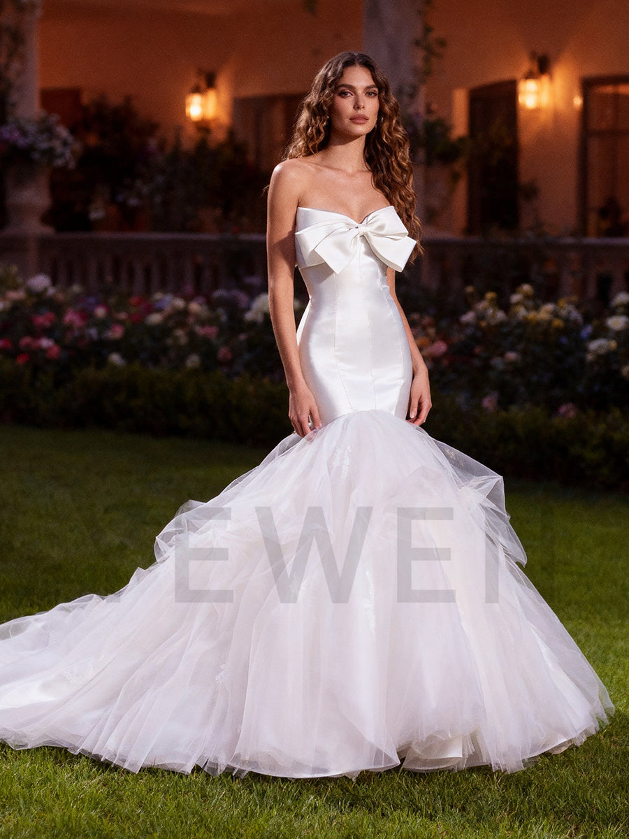 Satin Mermaid Wedding Dress with Fit and Flare Tulle Trail Gown for Bridal To Be 2025