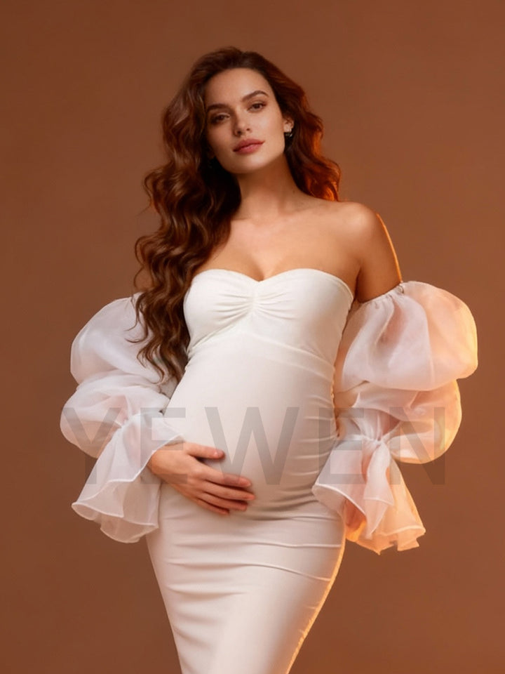 Ivory Mermaid Dress Photoshoot Detachable Sleeves Stretchy Maternity Dress