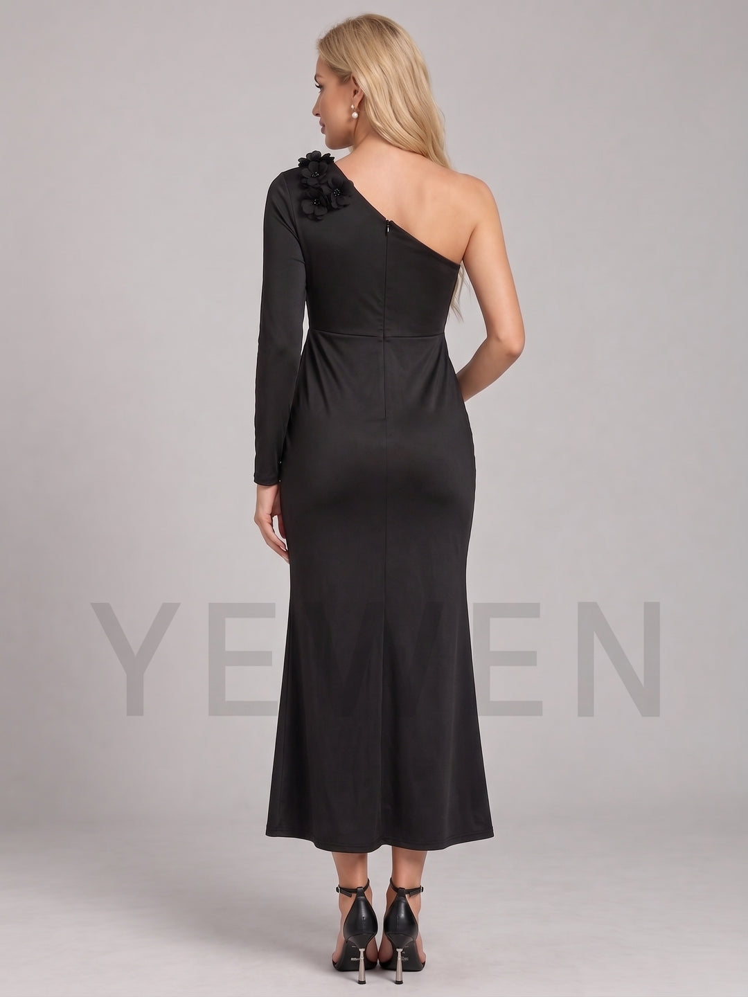 Black One-Shoulder 3D Floral Maternity Baby Shower Dress L-26937