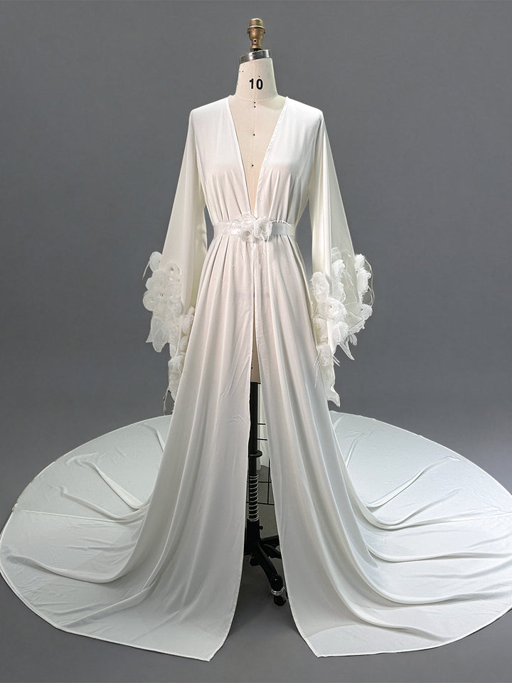 Flowing Bridal Robe Bell Sleeves with Delicate Handmade Flowers Wedding Robe for Bridal YW260248
