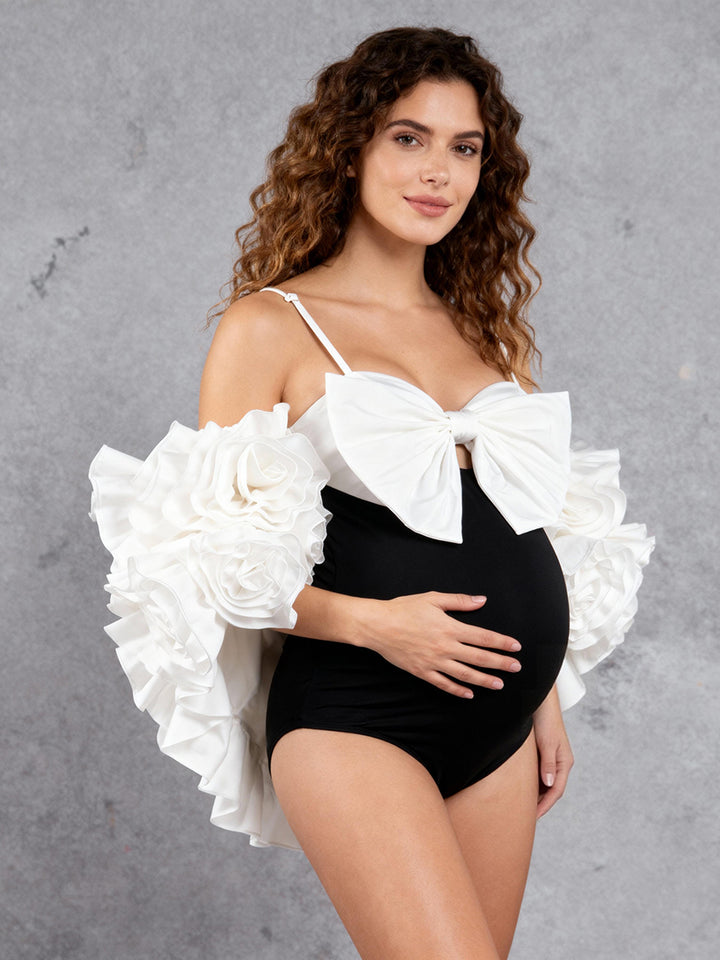 White Handmade Flower Bicep Jacket Women Cloak with Slip Bodysuit Photoshoot Props YW251041