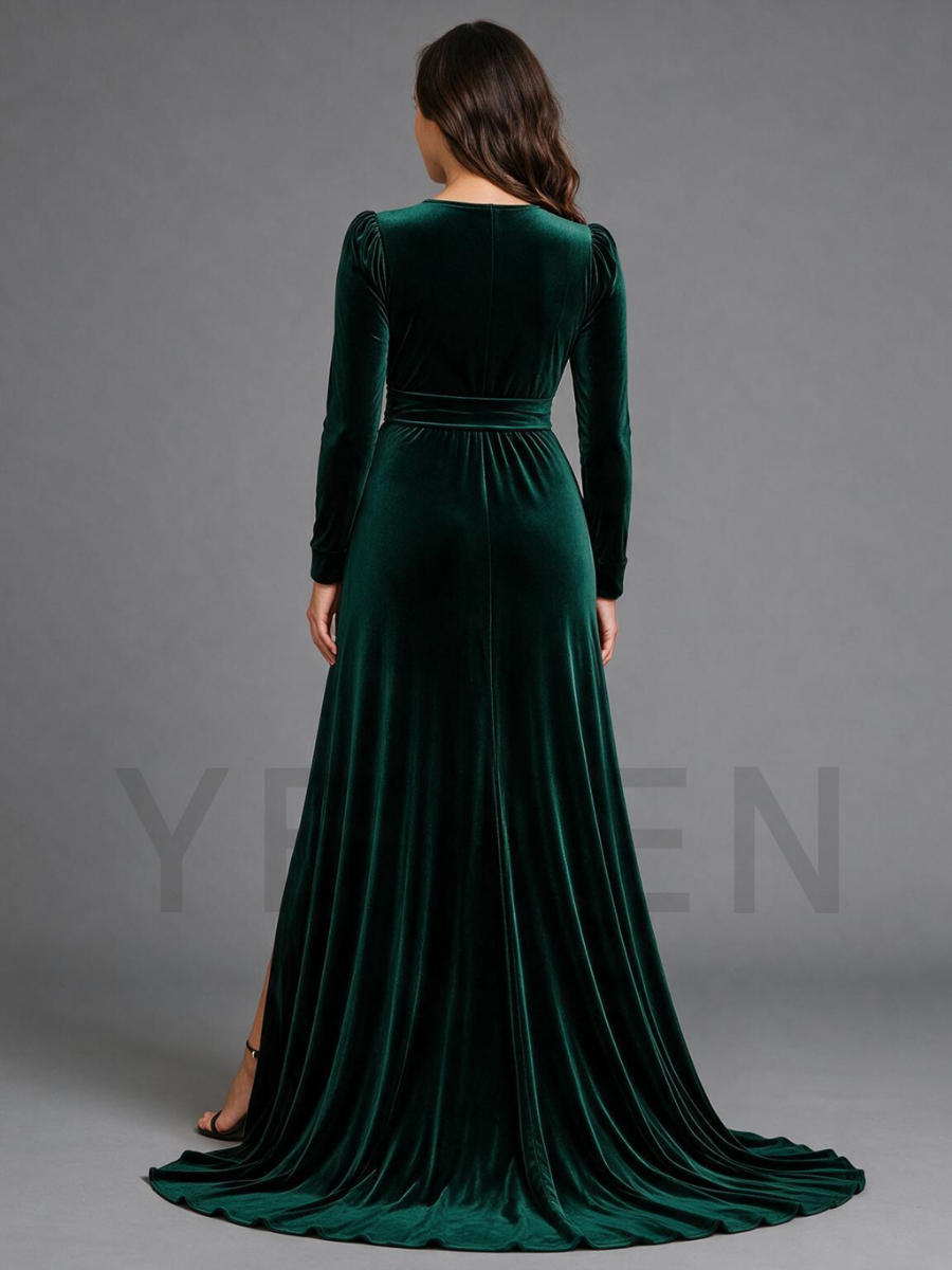 Green Velvet V-Neck Puff Sleeves Maternity Dress For Baby Shower
