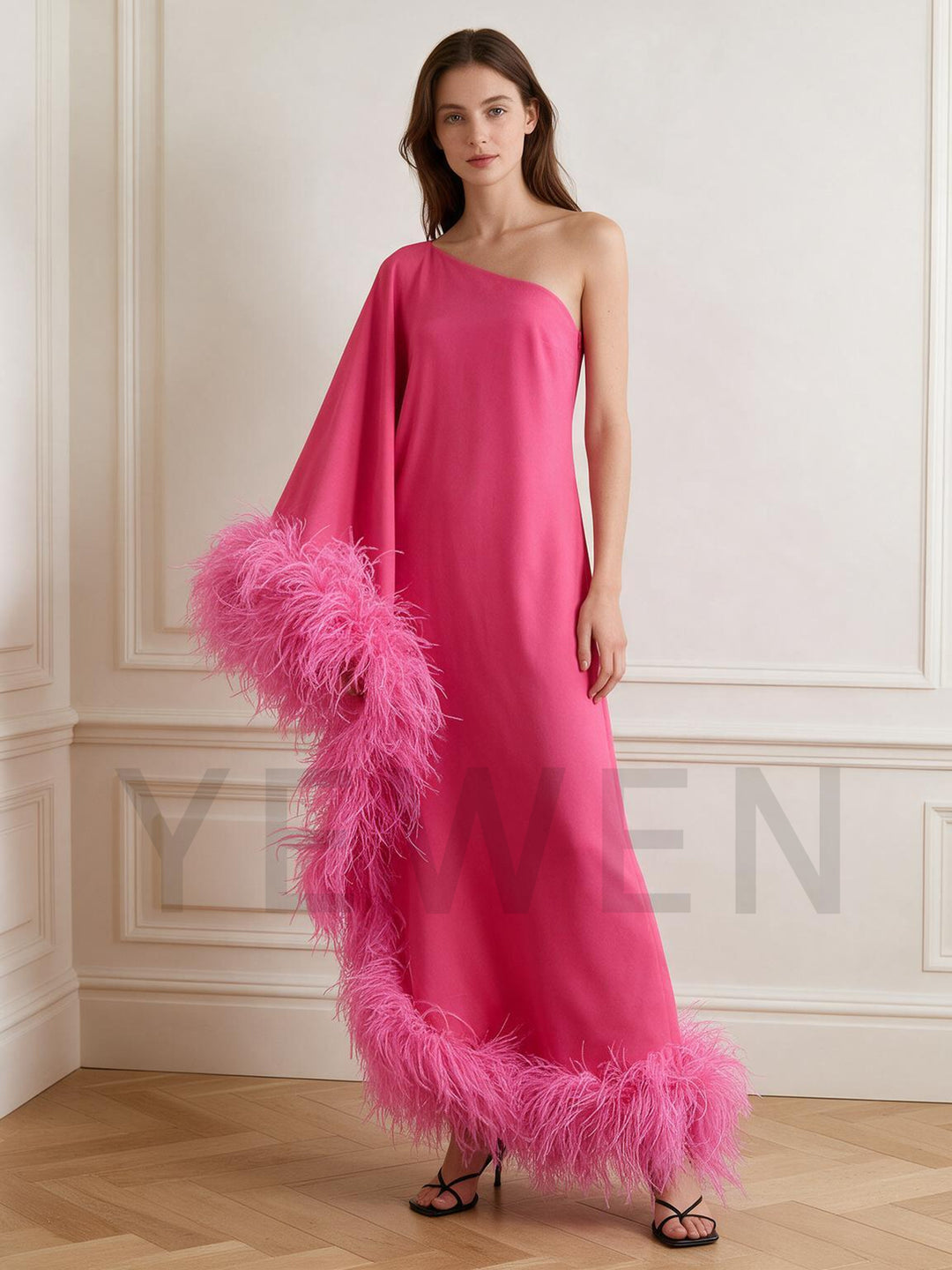 One-Shoulder Poncho Ostrich Feather Satin Evening Gown YW2610065
