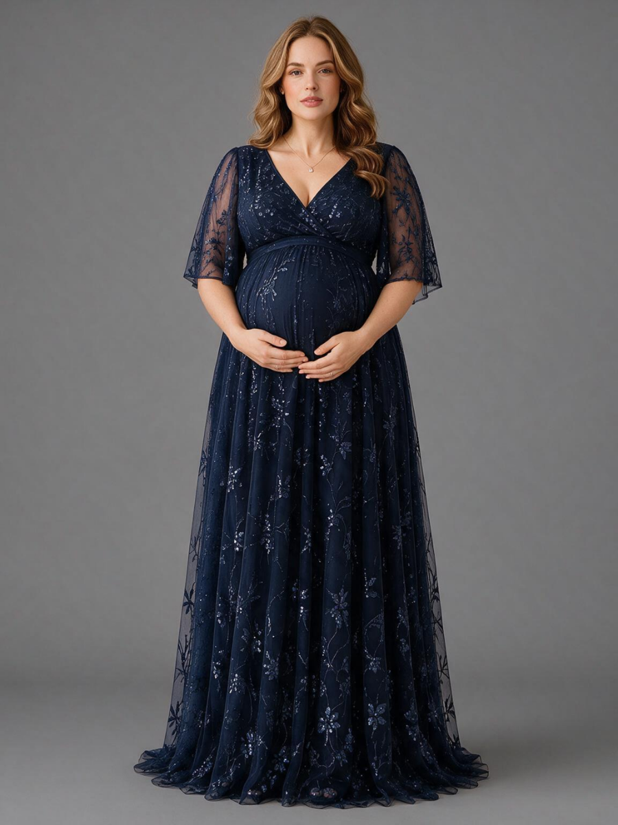 Navy Floral Sequin V-Neck Maternity Dress For Baby Shower