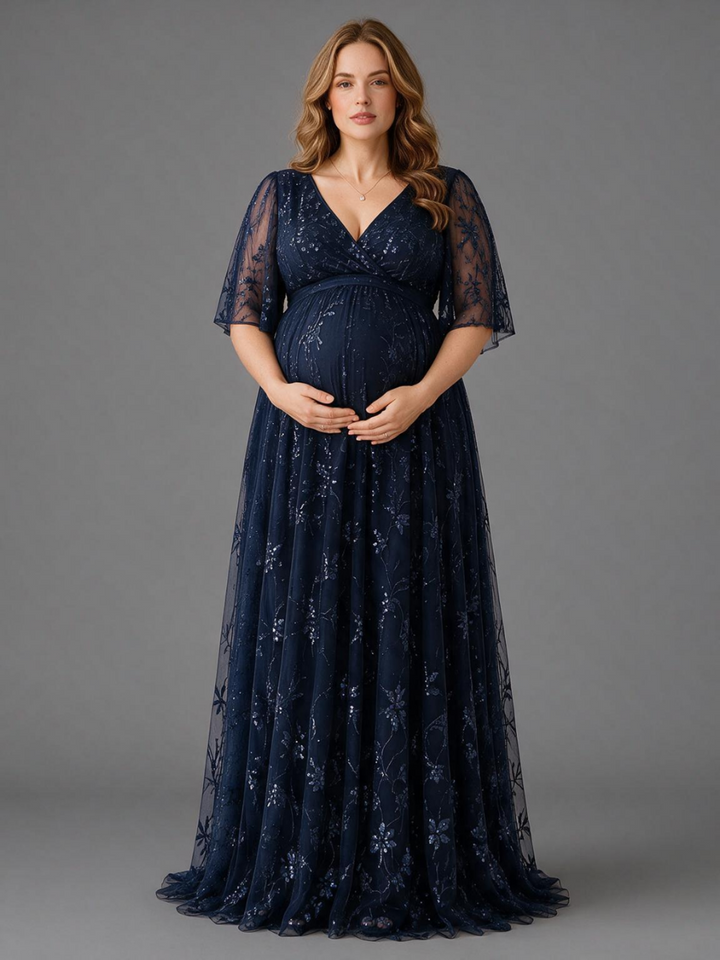 Navy Floral Sequin V-Neck Maternity Dress For Baby Shower