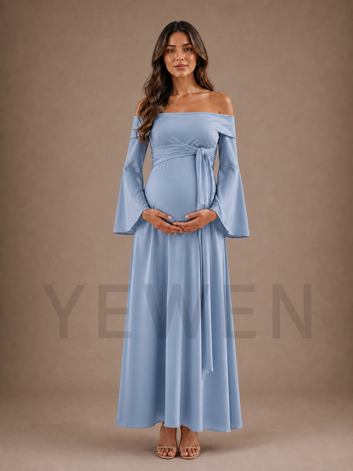 Dusty Blue Off Shoulder Maternity Baby Shower Dress with Flare Sleeves ZX018