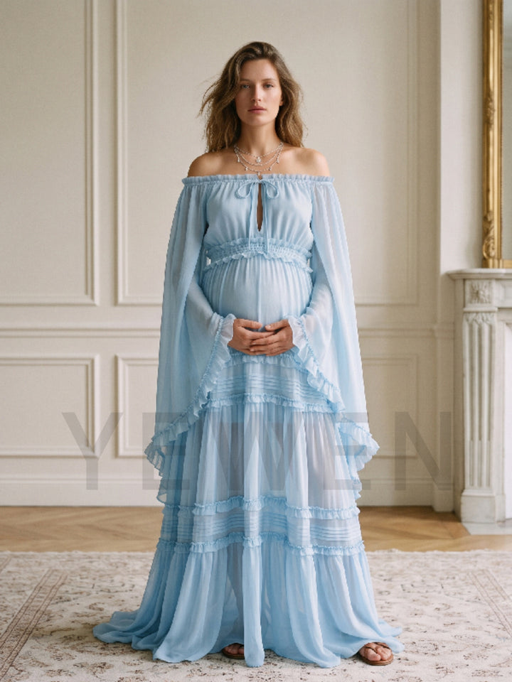 Off-Shoulder Bell Sleeve Chiffon Maternity Baby Shower Dress ZO260916