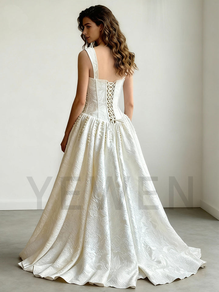 Romance Bridal Gown Floral-textured Brocade Fabric A Line Wedding Dress