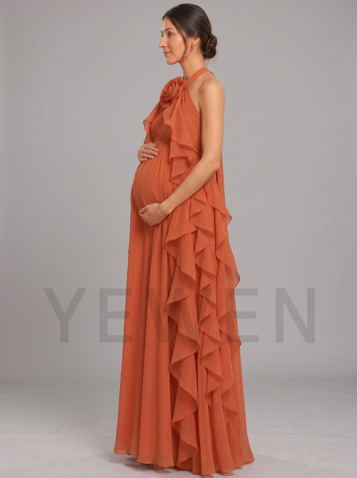 Halter 3D Rose Ruffle Chiffon Maternity Baby Shower Dress L-26941