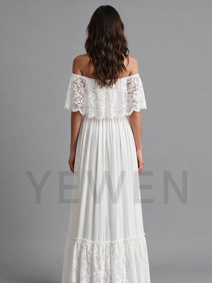 Ivory Off-Shoulder Ruffle Lace Pleated Boho Wedding Dress