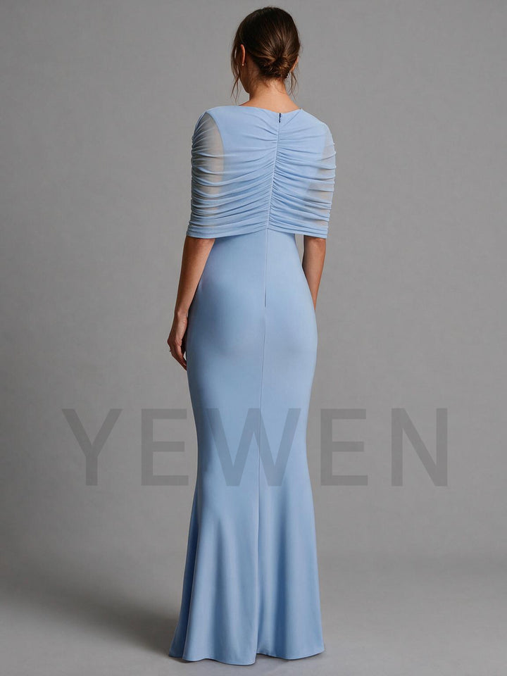 Brown Crew-Neck Maternity Gown With Mesh Cape