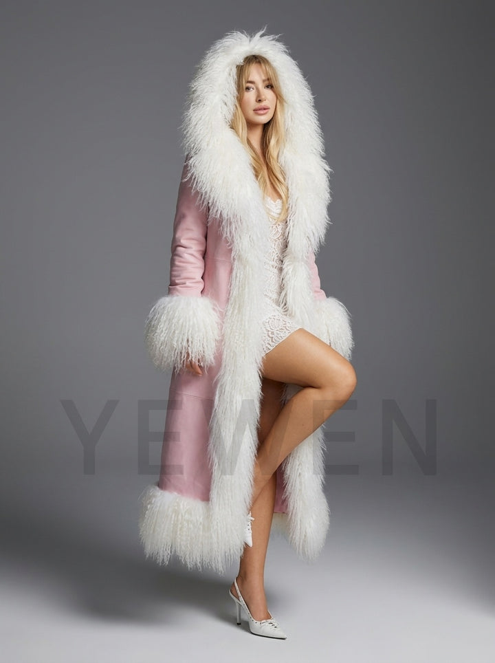 Genuine Wool Hooded Winter Coat with Oversized Fur Collar YD261016
