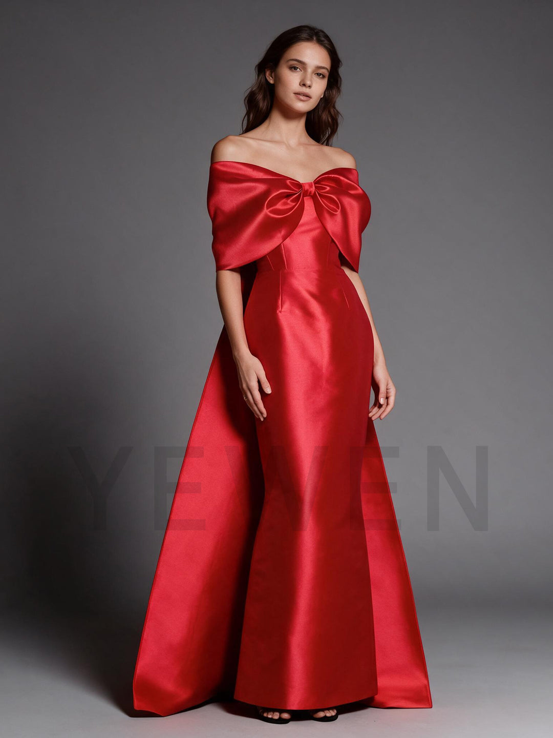 Red Off-Shoulder Satin Christmas Dress with Big Bow YW2609281
