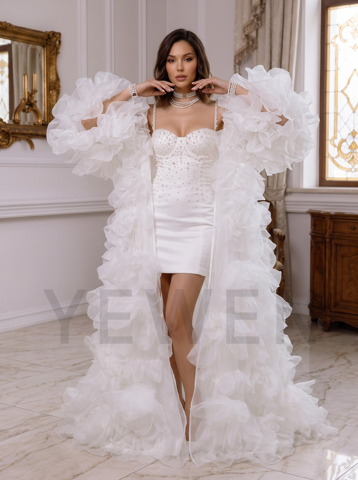 Luxury Pearl-Embellished Mini Wedding Dress with Detachable Voluminous Ruffled Organza Cape YD260813