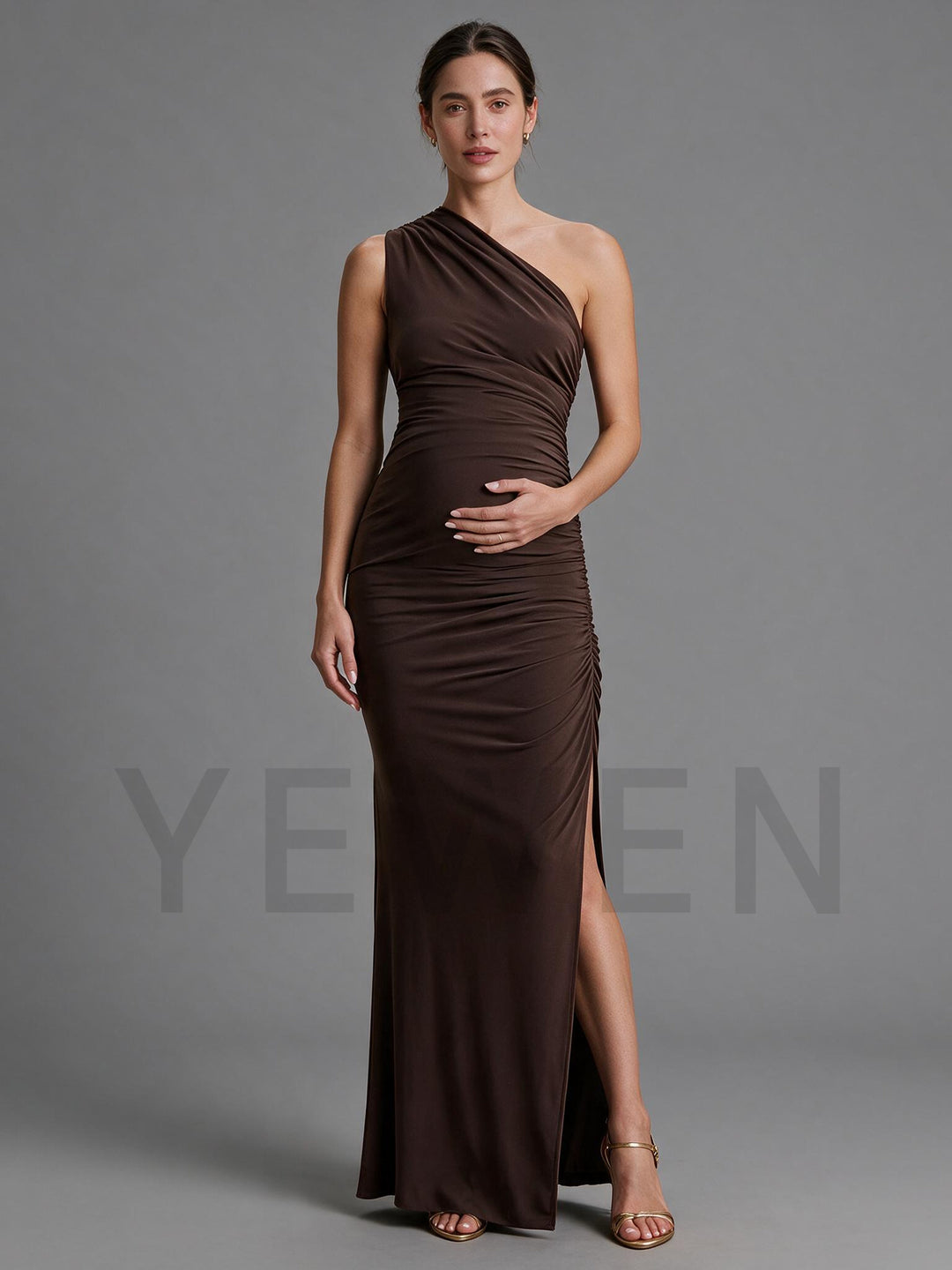 Brown Asymmetric-Neck Maternity Dress for Baby Shower
