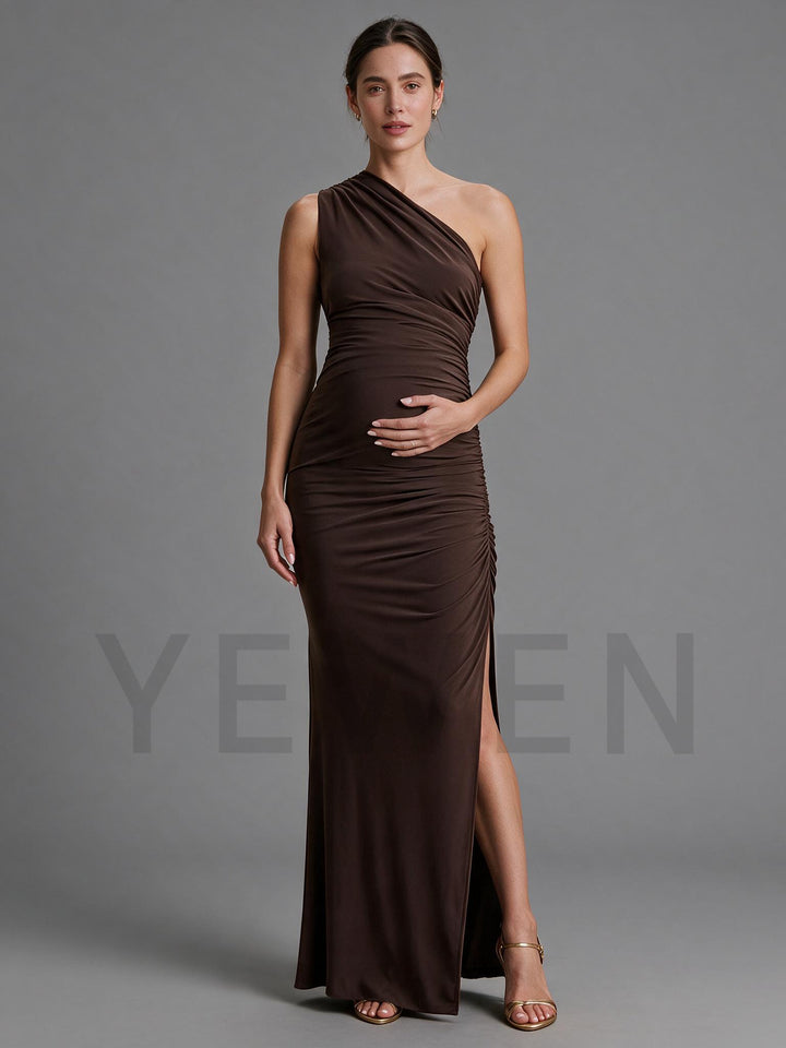 Brown Asymmetric-Neck Maternity Dress for Baby Shower